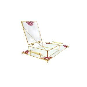 KDD BEYAZ CAM -İNCİLİ KIRMIZI /ALTIN TAŞLI TEPSİ+CAM KUTULU DİKDÖRTGEN JUMBO BOY AYAKLI SUNUMLUK-16