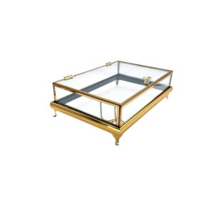 KDD İNOKS PLEXİ İNCE ÇITA ÇİFT KATLI 30*20 CM KULPLU AYAKLI CAM KUTU ALTIN - 26