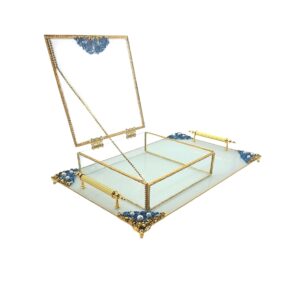 KDD BEYAZ CAM -İNCİLİ MAVİ /ALTIN TAŞLI TEPSİ+CAM KUTULU DİKDÖRTGEN JUMBO BOY AYAKLI SUNUMLUK-14