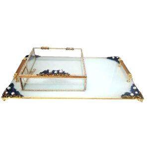 KDD BEYAZ CAM - İNCİLİ FÜME / ALTIN TAŞLI TEPSİ + CAM KUTULU DİKDÖRTGEN JUMBO BOY AYAKLI SUNUMLUK -- 1322