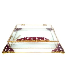 KDD BEYAZ CAM - İNCİLİ KIRMIZI ALTIN TAŞLI SUNUMLUK  + CAM KUTULU DİKDÖRTGEN JUMBO BOY AYAKLI SUNUMLUK -- 1318