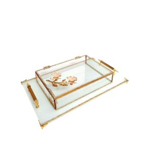 KDD BEYAZ CAM, MİNE ÇALIŞMASI PEMBE KELEBEK ,DİKDÖRTGEN AYAKLI SUNUMLUK+CAM KUTU - 400