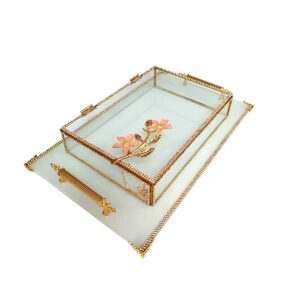 KDD BEYAZ CAM, MİNE ÇALIŞMASI , PEMBE PAPATYA , DİKDÖRTGEN AYAKLI SUNUMLUK+CAM KUTU - 40055