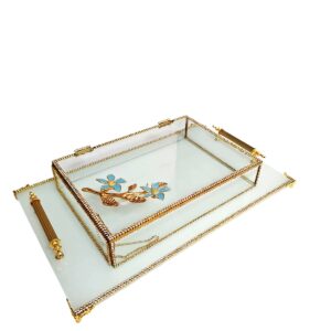 KDD BEYAZ CAM, MİNE ÇALIŞMASI , BEBEK MAVİSİ PAPATYA , DİKDÖRTGEN AYAKLI SUNUMLUK+CAM KUTU - 405