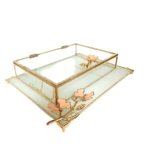 KDD BEYAZ CAM, MİNE ÇALIŞMASI , PEMBE KELEBEK , DİKDÖRTGEN AYAKLI SUNUMLUK+CAM KUTU - 4093